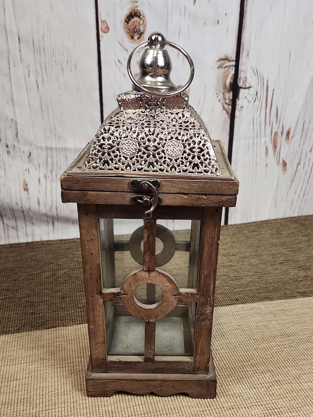 Morrocan Style Rustic Wooden Metal Lantern 14 Inches - Picture 7 of 8